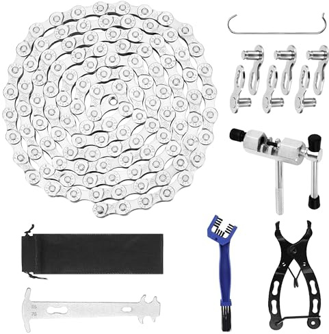 Kit chaîne 6/7/8 vitesses - 1/2 x 3/32 pouces - 116 maillons complet avec extracteur, pince vélo, crochet chaîne, étrier et brosse - Kit réparation VTT et vélo route