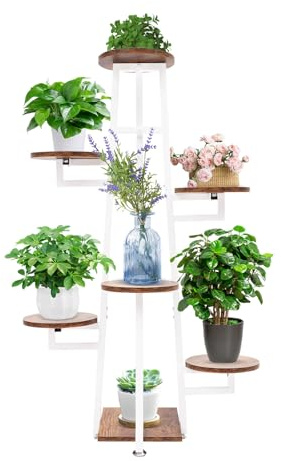 C-Juzarl Étagère à fleurs à 7 niveaux en acier - Support pour plantes - Étagère à fleurs - Escalier pour plantes - Pour balcon, salon - Blanc + marron