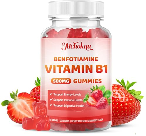 Vitamin B1 Gummies 500mg with Benfotiamine | High Potency Thiamine Supplement for Women & Men Nervous System & Energy Support | Sugar Free, Vegan, Non-GMO | Natural Strawberry Flavor, 60 Count