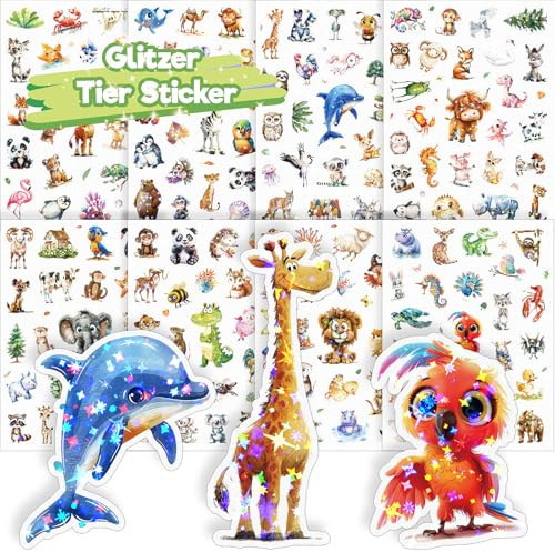 Animal Glitter Stickers for Children, 8 PCS Cute Animal Stickers, Holographic Finish, Suitable for Books, School Bags, Tablets, Bicycles, and Drinking Cups