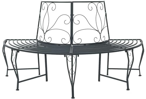 Ziaphsol Banc d'arbre pour 4 personnes - 160 x 80 x 89 cm - Acier argenté gris mat - Résistant aux intempéries - Banc pour jardin, balcon, terrasse, extérieur avec dossier motif floral