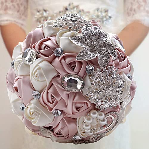 Fouriding Bouquet de Mariée Mariage Broche Rose Fleurs Nuptiale Bouquet Ruban avec Perles Strass Maison Decoration Fournitures de Mariage Rose