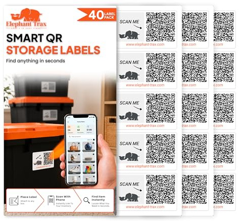 Elephant Trax QR Code Labels for Storage Bins – 40 Smart QR Code Stickers, Scannable QR Labels for Tote Bins, Moving Box Labels, Home Organization, Packing Supplies & Inventory Tracking