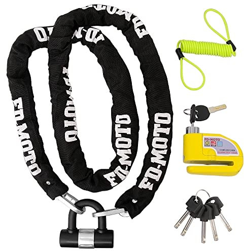 FD-MOTO 2M*10mm 4.3KG Steel Motorcycle Chain Lock Padlock + 110dB Yellow Alarmed Motorbike Brake Disc Lock + 1.5M Cable