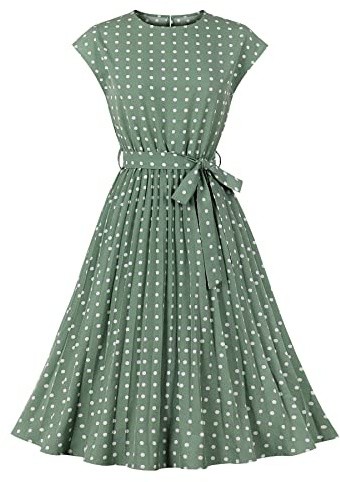 Wellwits Women's Cap Sleeves Pleated 40s 50s Vintage Dress Green Polka Dots L