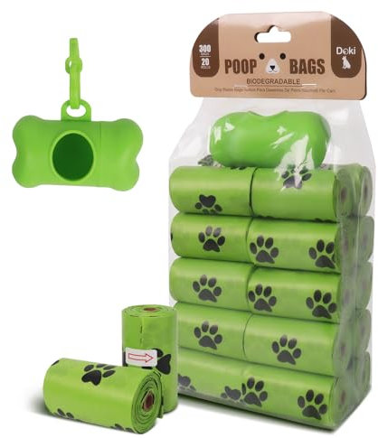 Doki Dog Poo Bags, 300 Counts Biodegradable Pet Waste Bags include 1 Adjustable Dispenser, 20 Rolls Thick Poop Waste Bag 100% Leak Proof Dog Poo Bags