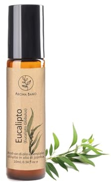 AROMA BANO Roll-On Olio Essenziale Eucalipto 10ml con Olio di Jojoba – 100% Naturale e Puro, Pronto all’Uso – Oli Essenziali Naturali per Aromaterapia, Effetto Fresco e Balsamico, Applicazione Topica