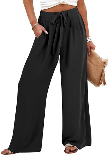 Caracilia Women Wide Leg Palazzo Pants Summer High Waist Flowy Casual Trousers Loose Lounge Beach Travel Vacation Clothes Black Medium
