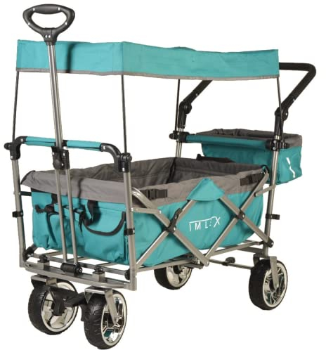 IMLEX Bollerwagen faltbar mit Dach IM-4268 Türkis | Hohe Stabilität, 1X 3-Punkt Gurtsystem | Handwagen klappbar mit Schiebegriff ideal für 2 Kinder