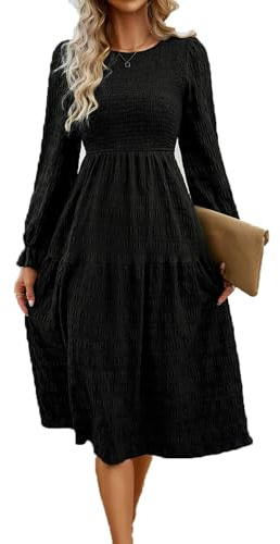 QUNERY Vestido Mujer Casual Midi Vestidos Manga Larga con Cuello en Redondo Elegante Vestido B-Negro L