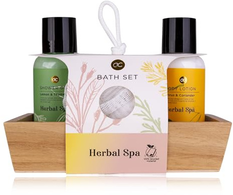 Accentra Coffret cadeau Herbal SPA dans une boîte en bois décorative, avec gel douche 100 ml, lotion pour le corps 100 ml et éponge en filet – Emballage (papier) et bouteilles en matériau recyclé