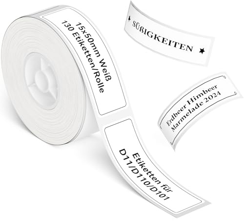 NIIMBOT Etiketter för D110, D11, D101 etikettskrivare, 15 x 50 mm, 130 etiketter/rulle, 1 rulle självhäftande etikettband, termisk etikettband för hem, kontor, skola, vit