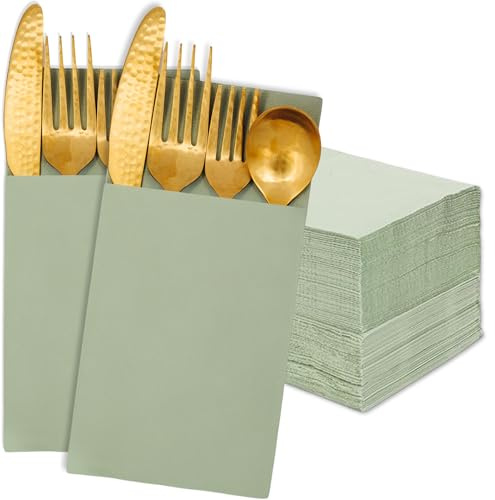 Stxy's 100 servilletas de papel de 3 capas verde salvia con bolsillo integrado para cubiertos, 15 x 12.8 pulgadas, desechables, ideales para bodas, baby showers, recepciones
