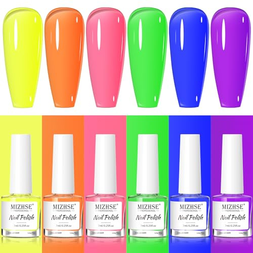 MIZHSE Neon Nagellack Set, Nagellack auf Wasserbasis, 6 Farben Nail Polish, Nagelack Schnelltrocknend, Gelb Orange Rosa Grün Blau Lila Nagelack Set für DIY Nagelkunst Maniküre zu Hause 7ml 6er Pcak