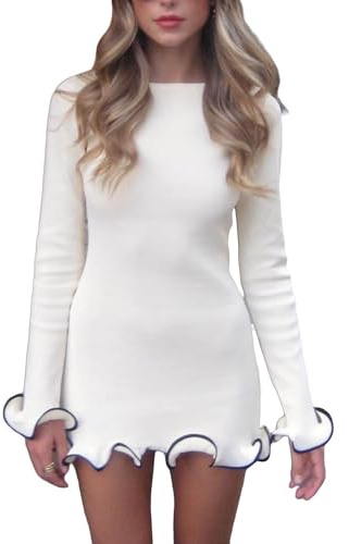 LSFYSZD Women Long Sleeve Knit Sweater Mini Dress Ruffle Hem Bodycon Jumper Dress Fall Winter Casual Ribbed Slim Fit Party Dress (White, M)