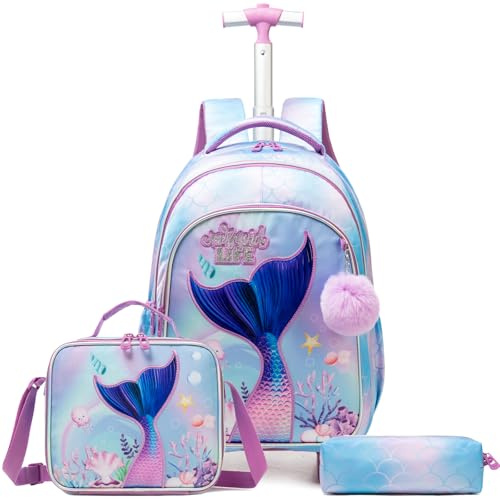 Egchescebo Kids Rolling Backpack for Girls Trolley Suitcases Luggage Travel with Wheels Bookbag Wheeled 17 3PCS Roller Backpacks Toddler Back Pack School Bags Set for Elementary Mermaids Sky Blue