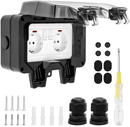 2-Fach Außensteckdose Steckdose IP66 Wetterfest Outdoor Wandsteckdose 16A Aussensteckdose Aufputz mit Schalter und Teststift Schutzkontaktsteckdose für Garten Außenbereich Feuchträume (Schwarz)