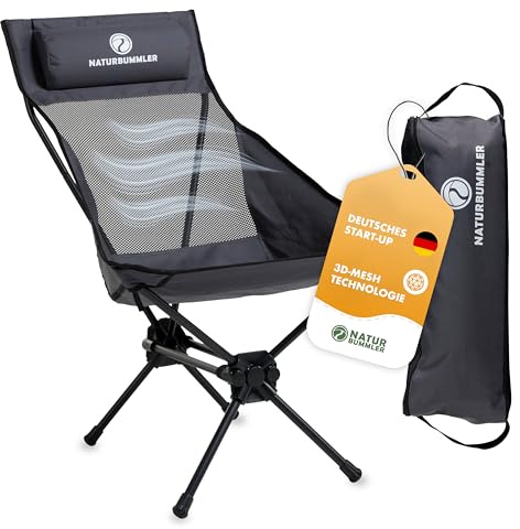 NATURBUMMLER Campingstuhl faltbar [Cloud Sit Light] – Ultraleicht (2,65 kg) & atmungsaktiv – inkl. Tragetasche – kompakter Klappstuhl 120 kg belastbar für Garten Angeln Outdoor (Grau)