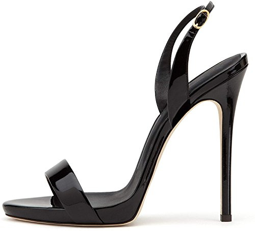 elashe Donna Eleganti Slingback Tacco a Spillo 12 cm Tacco Alto Punta Rotonda Fascia Posteriore in Pelle Lucida Eleganza per Estate Feste e Matrimoni Nero EU41