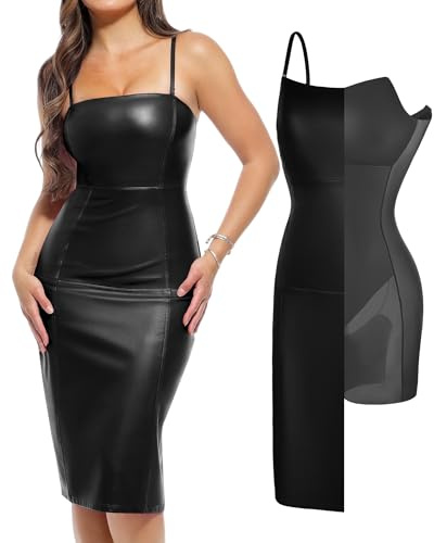 Popilush Slimming Leather Dress for Women Shapewear Mid iDress Bodycon Strapless Square Neck Faux Leather for Cocktail Club Party Outfit Black Size M
