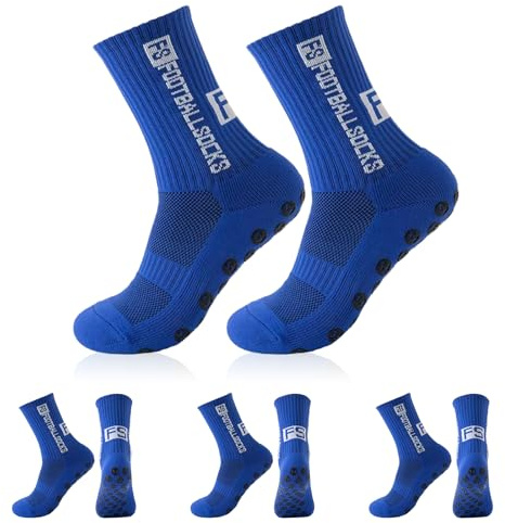 FESDMOH 3 Paires Chaussette Antidérapante Foot, Chaussettes Antidérapantes Homme, Chaussettes Homme Sport 37-45, pour Football, Basket-ball, Course,Basket, Rugby, Trekking (Bleu)