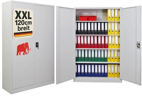 PROREGAL Flügeltürenschrank Elephant Metall Aktenschrank abschließbar 2 Türen 180x120x40cm Stahl 4 Ebenen Stahlschrank Pulverbeschichtung Lichtgrau Werkstattschrank Mehrzweckschrank Büroschrank