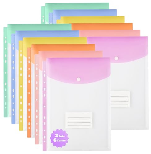 SUIN A4 Plastic Wallets with Popper, 11-Hole Punched Pockets for Ring Binders, Pastel Coloured Document Folders with Label Tag, Clear Document Wallets Plastic Folders A4 Size (12 Pack)