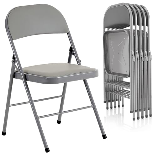 Bonnlo Set de 6 Sillas Plegables de Acero y PVC, Sillas Acolchadas, Estructura de Acero Resistente, hasta 150 kg, para Eventos, Ferias, Oficina y Hogar, Gris