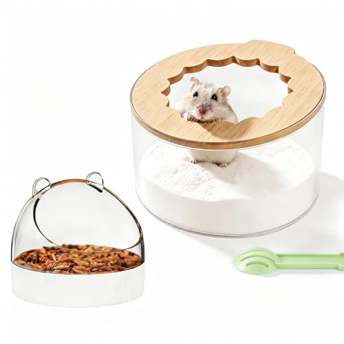 Marchul Kit Bain de Sable pour Hamster avec Gamelle, Bac à Sable en Acrylique Transparent, Couvercle en Bois et Pelle, Bol Anti-Déversement pour Hamster Syrien, Nain, Gerbilles et Souris