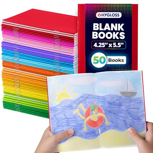 Hygloss Blank Books - Bulk 50 Pack – 4.25 x 5.5 A6 Assorted Colors – Paperback Blank Books for Kids to Write Stories, Doodle Art – Plain Drawing Sketchbook, Unlined Journal, Notebook Without Lines