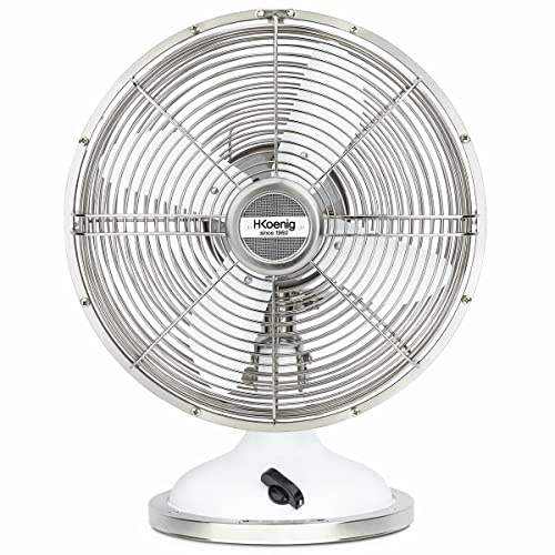 H.Koenig Ventilateur de Table JOE50 Silencieux Design Rétro Vintage en Métal Blanc, 25 cm, 3 vitesses, Fixe ou Oscillation à 90°, Réglage vertical, Pied antidérapant
