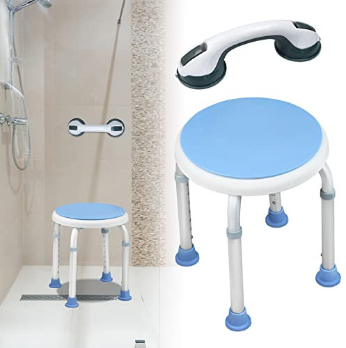 LARS360 Duschhocker mit Griff, Höhenverstellbarer Duschstuhl, um 360 ° Drehbarer Hilfsstuhl für rutschfeste Dusche, 37-53 cm