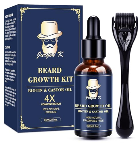 Jurgen K Beard Growth Kit, Upgraded Beard Growth Oil (2Oz) w/Biotin & Castor Oil, Beard Massager for Patchy/Spot Beard, Beard Kit for Men's Daily Grooming, Birthday Gifts for Him Boyfriend Husband