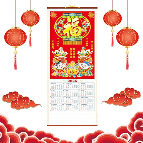 Calendario di Capodanno Cinese 2026 Anno di Cavallo Capodanno Calendario da Parete Cinesi 福 Calendar Scorrimento Calendario Lunare Cinese 金童玉女 Calendar Mensile per Casa Ufficio Pianificazione