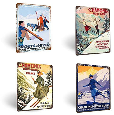 4pcs Hiver Ski 20x30cm Vintage Plaque Affiche Étain Métal Mur Signe Rétro Décoration pour Bar Café Garage Gaz Station Accueil Club 02