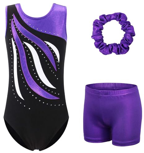 XFGIRLS Body da ginnastica per ragazze, a maniche lunghe, scintillante, per danza, senza maniche, per ragazze, balletto, ginnastica, pantaloncini, 3–14 anni, 13-14 Jahre