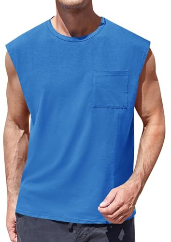 ZIWOCH Mens Sleeveless Shirts Workout Cut Off Tank Tops with Pocket Blue