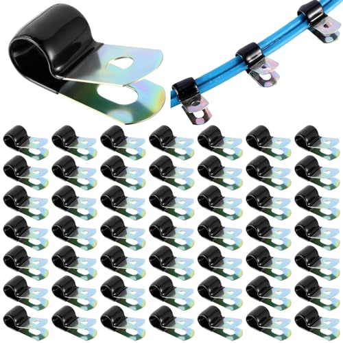 Tandefio 50 Pack Vinyl Coated Cable Clamps Galvanized Steel Cable Metal Wire Rubber Cushioned Insulated Hose Pipe Clamp for Tube Lines Wire Cord Installation(3/8 Inch,10mm)