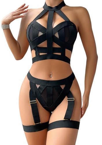 Aranmei Ensembles de Lingerie Sexy pour Femmes 4 Pièces Ensembles de Lingerie Évidés Licou avec Porte-Jarretelles Ensembles de Soutien-Gorge et de Culottes avec Poignets de Cuisse Noir S