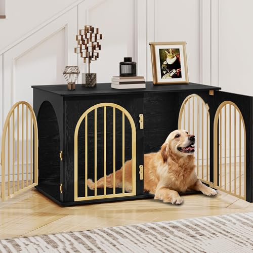 Hzuaneri 100cm Cage pour Chiens, Table d’Appoint, Niche Moderne pour Chiens Intérieur, Cage Chien de Taille Moyenne, Maisonnette pour Animaux, 3 Portes, Porte arquée, 100 x 60 x 63 cm, Or Noir