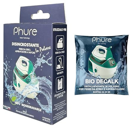 PHURE Decalcificante per Ferri da stiro, Aspirapolveri, Deumidificatori in Polvere Monodose, piccoli elettrodomestici, compatibile con tutte le marche 100% Biodegradabile, ECO Made in Italy, 4 Lavaggi