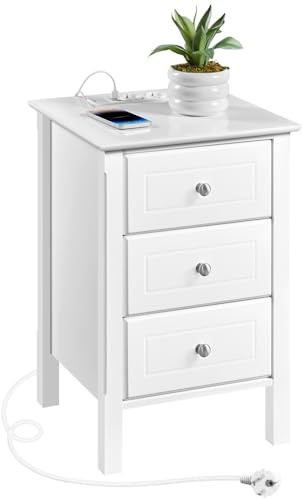 Yaheetech Comodino Camera da Letto con Stazione di Ricarica 2 Porte USB e 2 Prese AC Comodino Smart con 3 Cassetti Salvaspazio Tavolino da Notte Soggiorno (1)