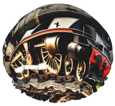 Cuffia da doccia riutilizzabile con stampa di locomotiva a vapore, da donna, a doppio strato, per adulti