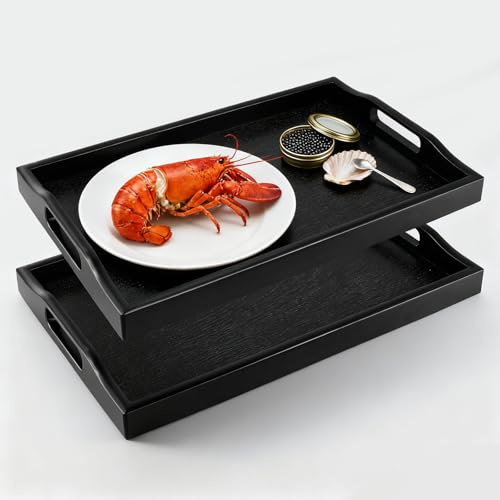 FUNSUEI Set of 2 Large Wooden Serving Tray with Handles for Food Serving, Anti-Slip Kitchen and Living Room Platter, 42 x 27 cm