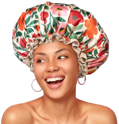 mikimini Cuffia doccia riutilizzabile e impermeabile da donna – Cuffia extra large con fascia elastica regolabile e stampa floreale vivace, cuffia XL per capelli lunghi e corti