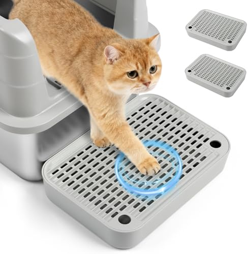 Kalolary Lot de 2 Rampes pour Bac à Litière avec Couvercle Amovible – Système de Filtration de Litière, Pieds Antidérapants, Adaptées aux Chatons et Chats (Plat Gris Clair)