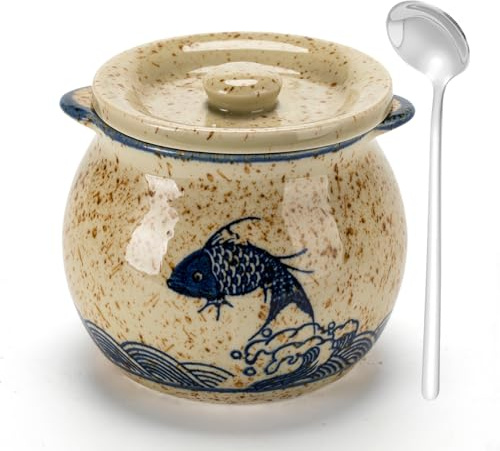 TuYines Zuccheriera in ceramica, con coperchio e cucchiaio, 300 ml, in ceramica, con coperchio per zucchero, sale, formaggio, spezie