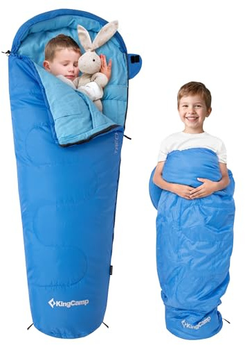 Saco de Dormir KingCamp para Niños de Franela de Algodón, Saco de Dormir Cálido y Cómodo para Edades de 6-10 Años (hasta 100-145 cm), Artículo de Camping(Azul)