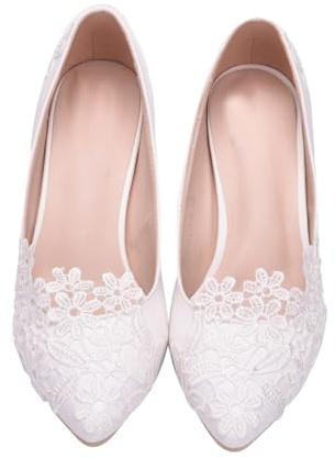 VANZACK Escarpins de Mariage Blancs en Dentelle Fleurs Talons Aiguilles de 5 CM Chaussures Élégantes pour Femmes Pointues Légères et Confortables pour Cérémonie et Photo de Mariage