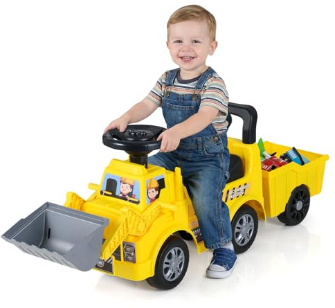 COSTWAY Coche Correpasillos para Niños, Excavadora de Paseo Infantil con Pala, Remolque Desmontable y Compartimento Bajo el Asiento, Excavadora Correpasillos para Niños de 18+ Meses (Estilo 1)